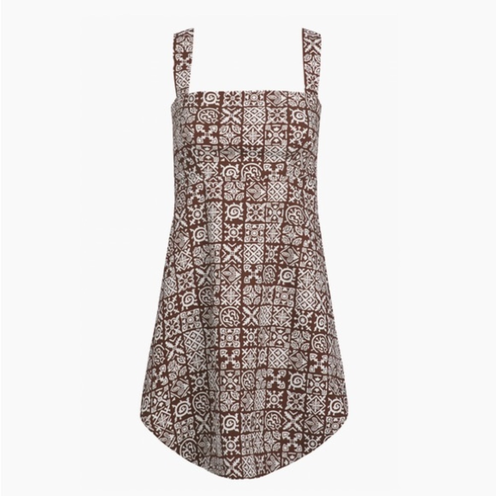 Coco Shop Curved Hem Dress in Brown with With Checkerboard